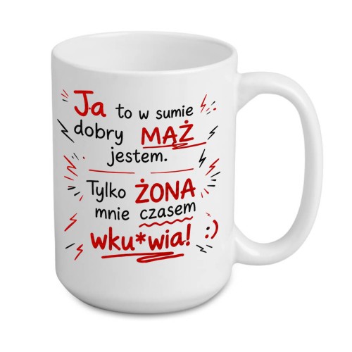 Personalizowany biały kubek dla męża z imieniem 440 ml i zabawnym czerwono-czarnym napisem