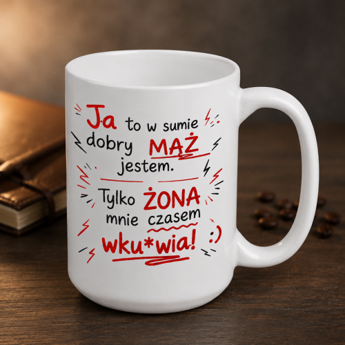 Personalizowany kubek dla męża z imieniem 440 ml na eleganckim drewnianym tle