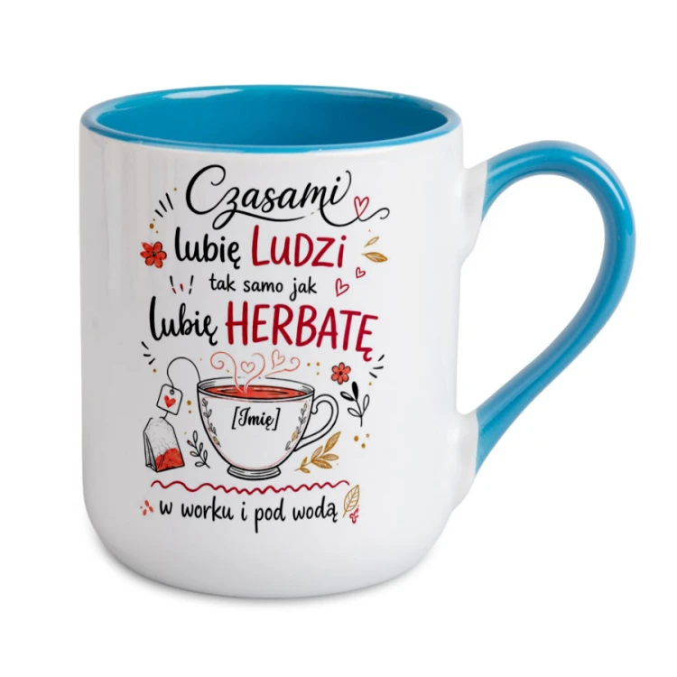 Kubek Alex z imieniem na filiżance i napisem Czasami lubię ludzi – niebieski