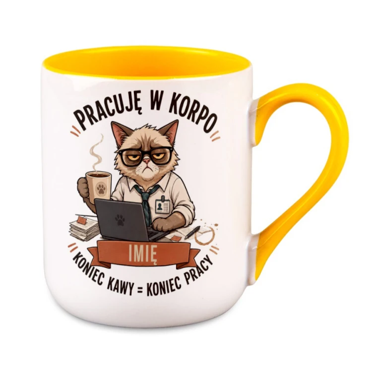 Personalizowany Kubek Alex żółty dla pracownika korporacji z męską grafiką kota
