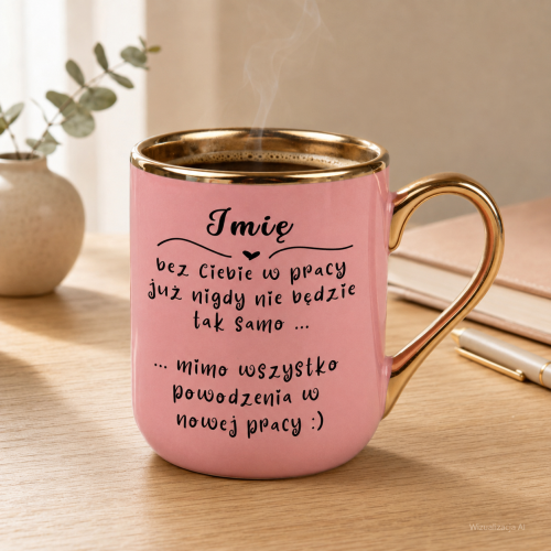 Różowy kubek z imieniem i kawą na biurku – prezent na odejście z pracy, Elegant 330 ml