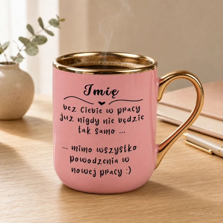 Różowy kubek z imieniem i kawą na biurku – prezent na odejście z pracy, Elegant 330 ml