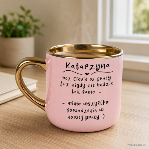 Różowy kubek z kawą na biurku – prezent na odejście z pracy z imieniem, Elegant szeroki 400 ml