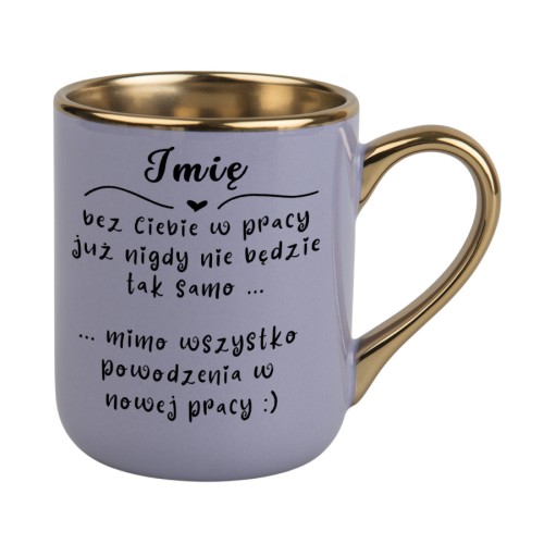 Fioletowy kubek Elegant 330 ml z imieniem na pożegnanie z pracy, ze złotym rantem i uchem