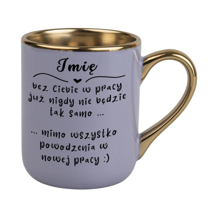 Fioletowy kubek Elegant 330 ml z imieniem na pożegnanie z pracy, ze złotym rantem i uchem