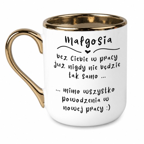 Biały kubek Elegant 330 ml z imieniem na pożegnanie z pracy, ze złotym rantem i uchem