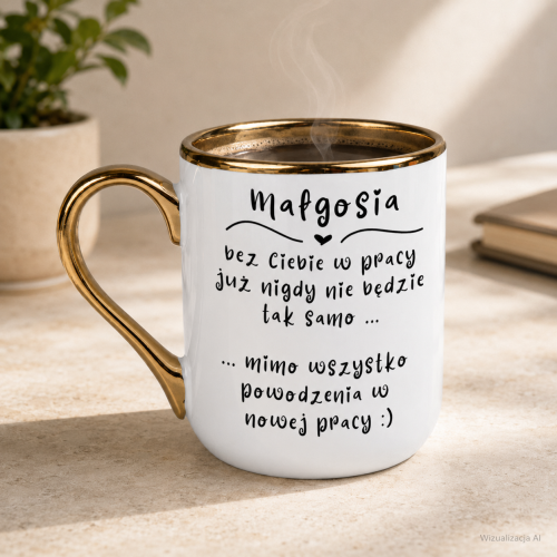 Biały kubek z kawą na biurku – prezent na odejście z pracy z imieniem, Elegant 330 ml