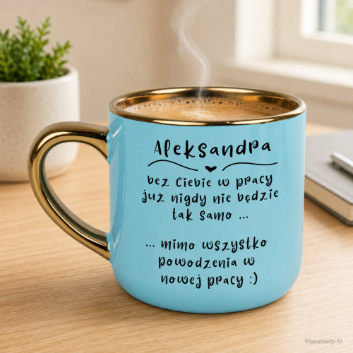 jasnoniebieski kubek na pożegnanie z pracy, kubek z imieniem 400 ml, prezent dla koleżanki z pracy, prezent dla kolegi z pracy, kubek na zmianę pracy, Elegant szeroki jasnoniebieski