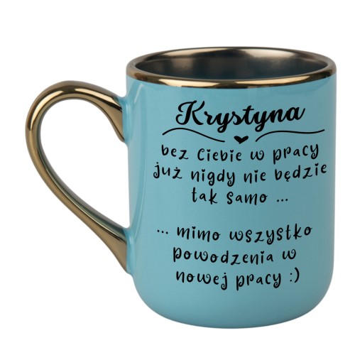 Jasnoniebieski kubek Elegant 330 ml z imieniem na pożegnanie z pracy, ze złotym rantem i uchem