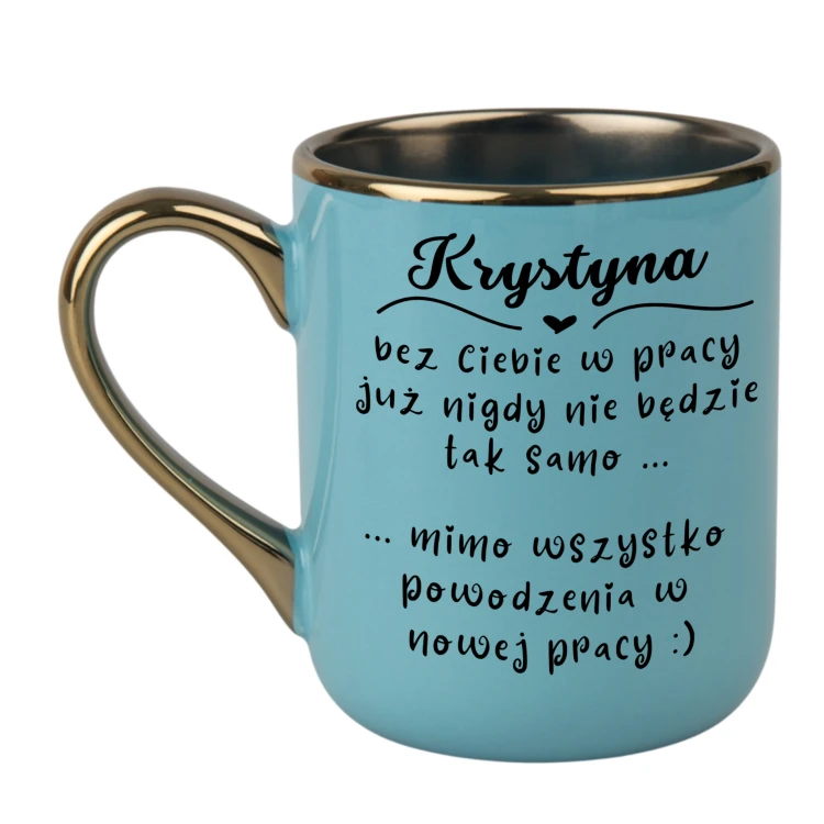Jasnoniebieski kubek Elegant 330 ml z imieniem na pożegnanie z pracy, ze złotym rantem i uchem