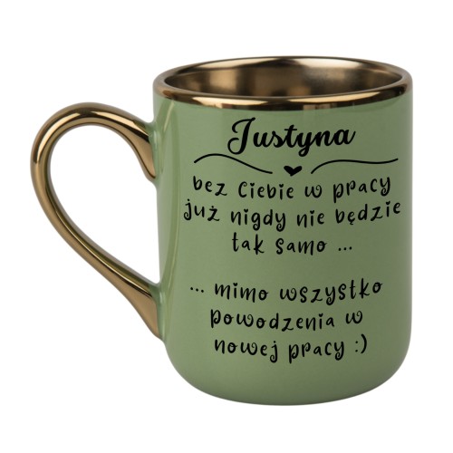 Zielony kubek Elegant 330 ml z imieniem na pożegnanie z pracy, ze złotym rantem i uchem