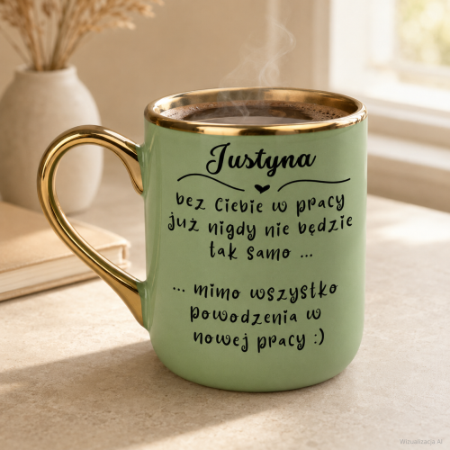 Zielony kubek z kawą na biurku – prezent na odejście z pracy z imieniem, Elegant 330 ml