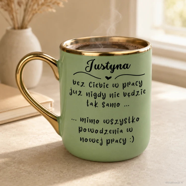 Zielony kubek z kawą na biurku – prezent na odejście z pracy z imieniem, Elegant 330 ml