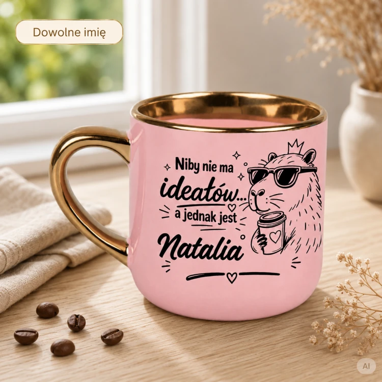 Kubek ceramiczny z kapibarą ze złotym uchem i rantem dla niej