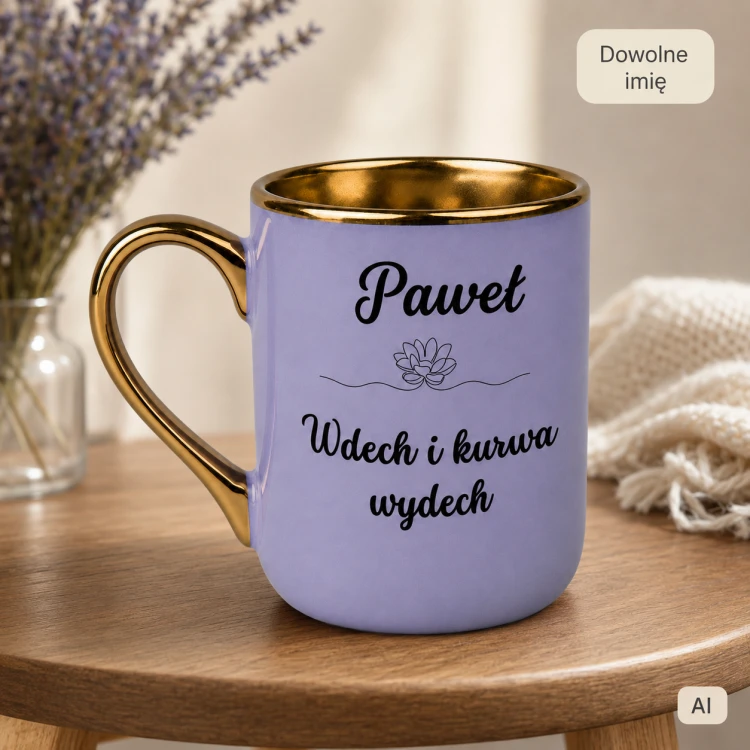 Fioletowy kubek Elegant 330 ml ze złotym uchem i dowolnym imieniem dla kobiety