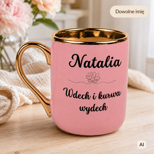 Różowy kubek Elegant 330 ml ze złotym uchem i dowolnym imieniem dla kobiety