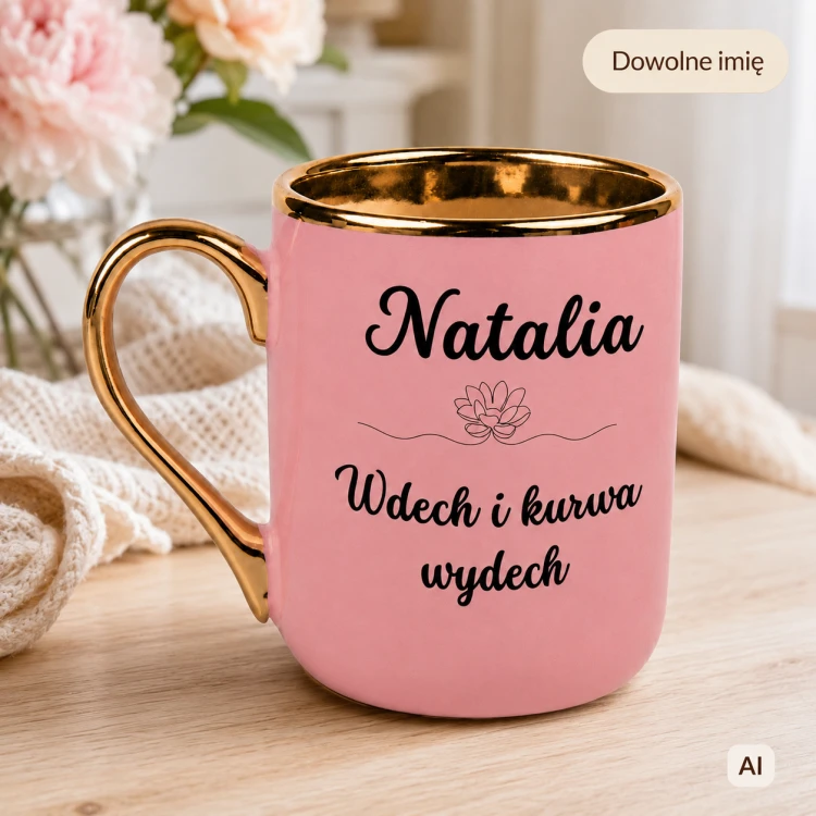 Różowy kubek Elegant 330 ml ze złotym uchem i dowolnym imieniem dla kobiety