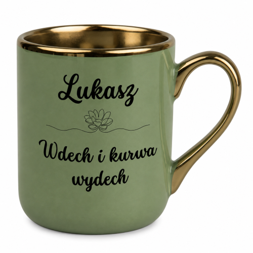 Zielony kubek Elegant 330 ml ze złotym uchem i dowolnym imieniem