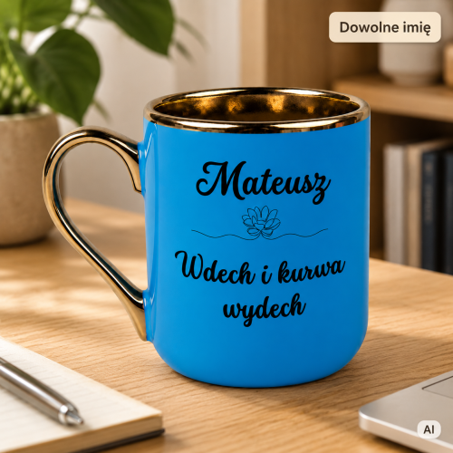 Personalizowany kubek Wdech i kurwa wydech z imieniem – Elegant niebieski 330 ml