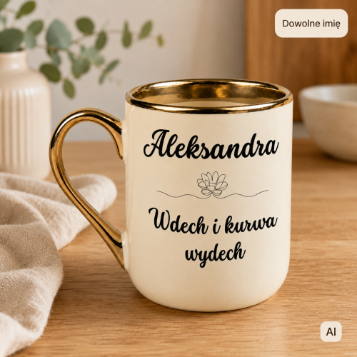 Śmieszny kremowy kubek z imieniem dla kobiety – Wdech i kurwa wydech
