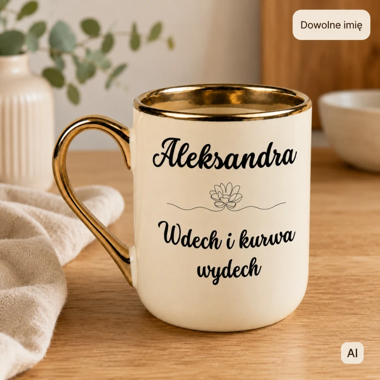 Śmieszny kremowy kubek z imieniem dla kobiety – Wdech i kurwa wydech