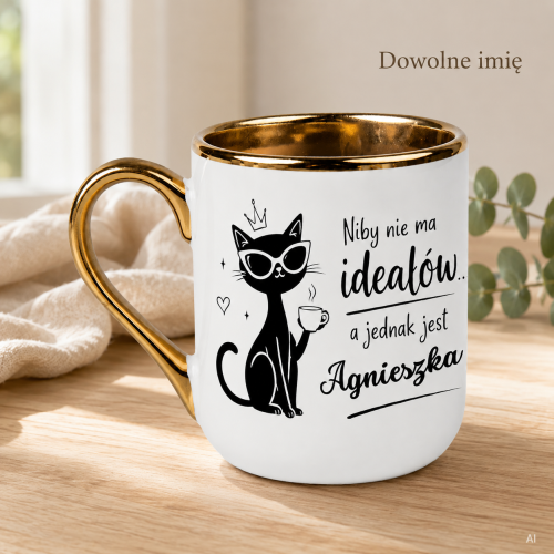 Personalizowany kubek z czarnym kotem Niby nie ma ideałów – biały 330 ml