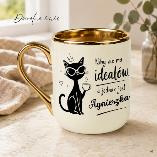 Personalizowany kubek z czarnym kotem Niby nie ma ideałów – kremowy 330 ml