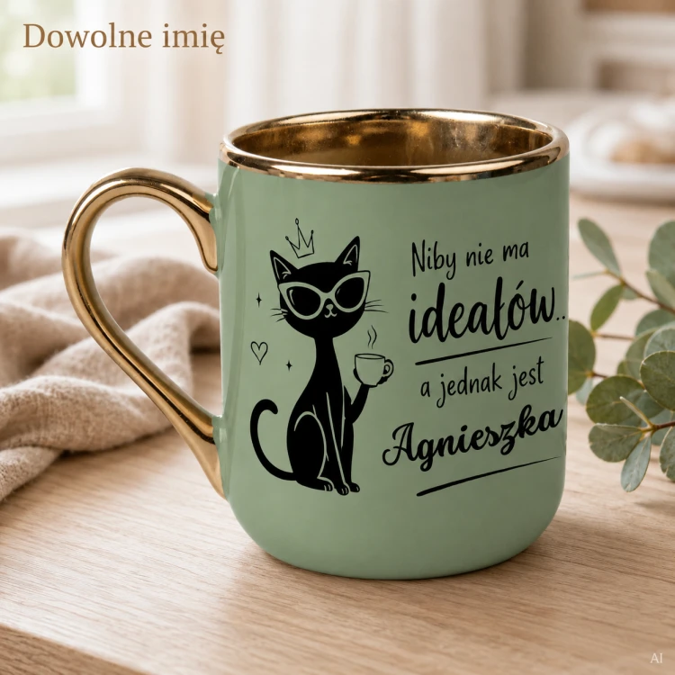 Personalizowany kubek z czarnym kotem Niby nie ma ideałów – zielony 330 ml