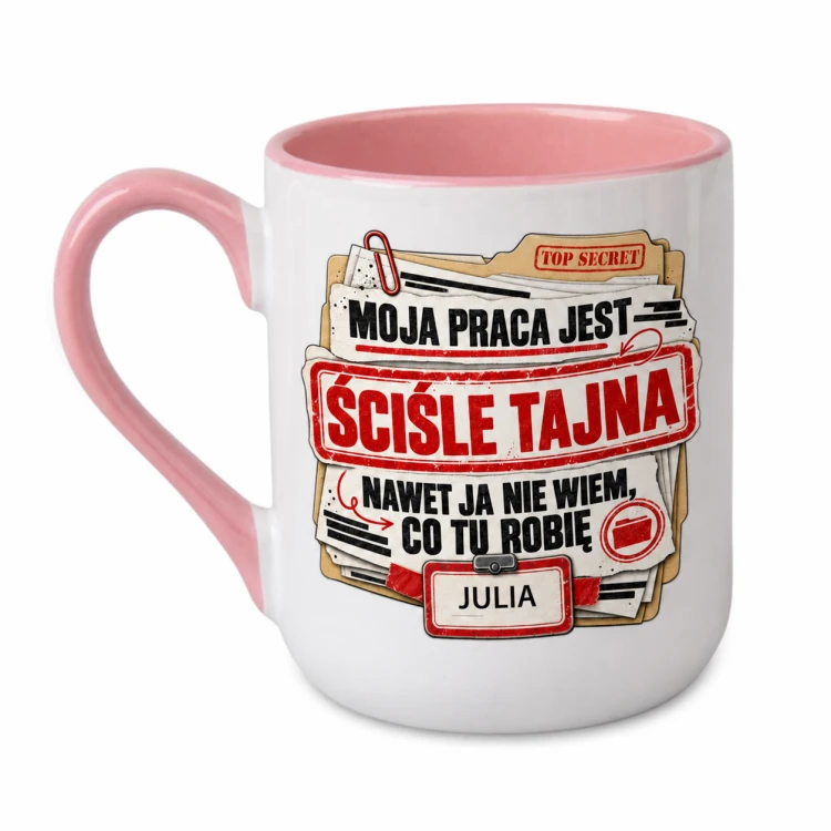 Różowy kubek Alex 330 ml „Moja praca jest ściśle tajna” personalizowany