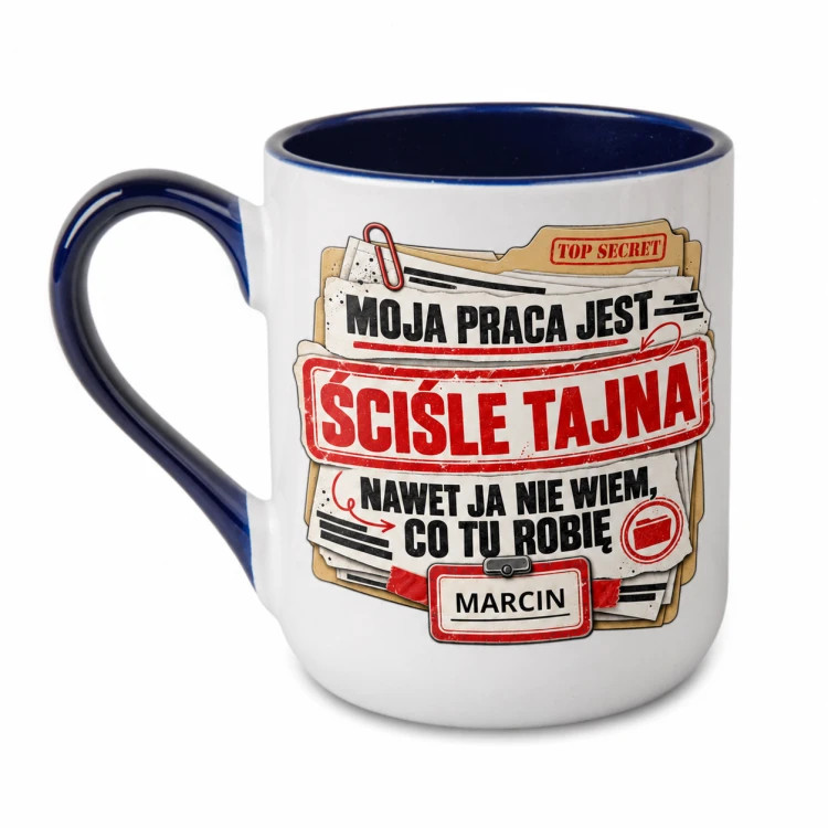 Granatowy kubek Alex 330 ml „Nawet ja nie wiem, co tu robię” z imieniem