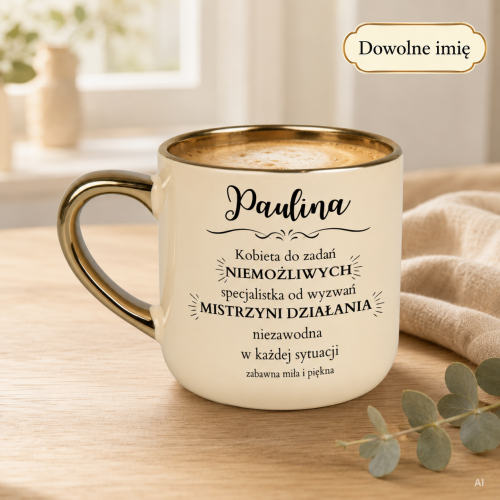 Kremowy kubek 400 ml z dowolnym imieniem – prezent dla niej