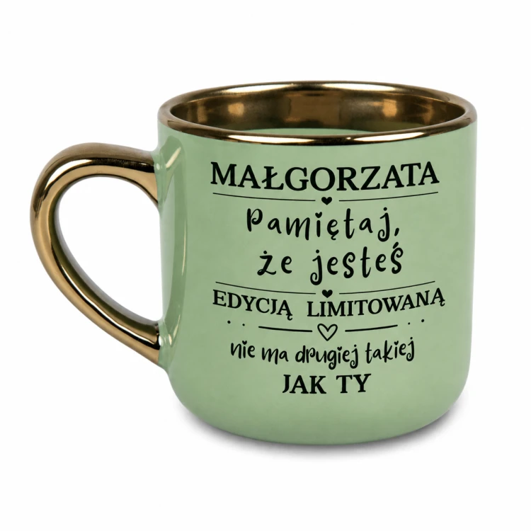 Zielony kubek ceramiczny Elegant szeroki ze złotym uchem i rantem
