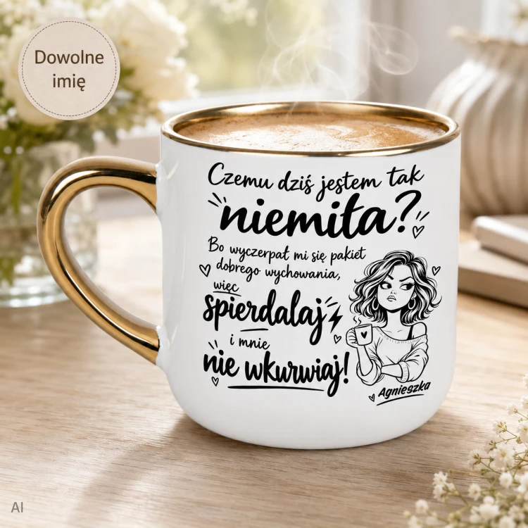 Biały kubek Elegant szeroki 400 ml ze złotym uchem i rantem