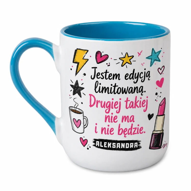 Kubek z imieniem Jestem edycją limitowaną ze szminką niebieski Alex 330 ml