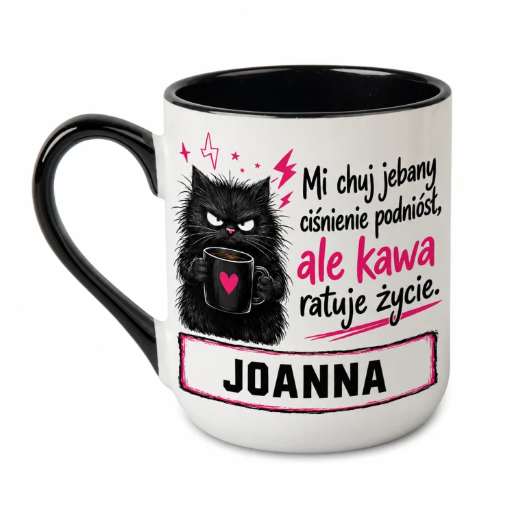 Kubek z imieniem Kawa ratuje życie z wkurzonym kotem czarny Alex 330 ml