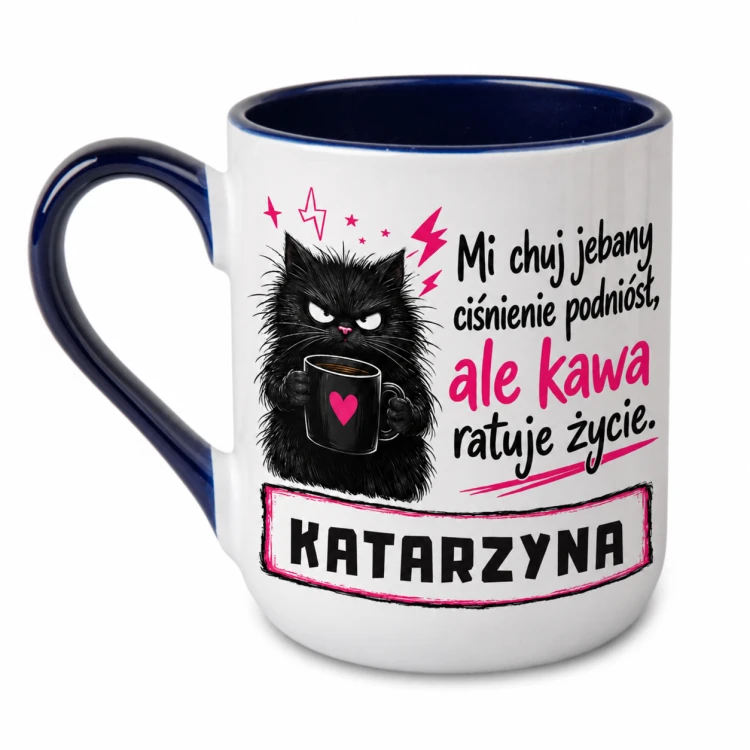 Kubek z imieniem Kawa ratuje życie z wkurzonym kotem granatowy Alex 330 ml