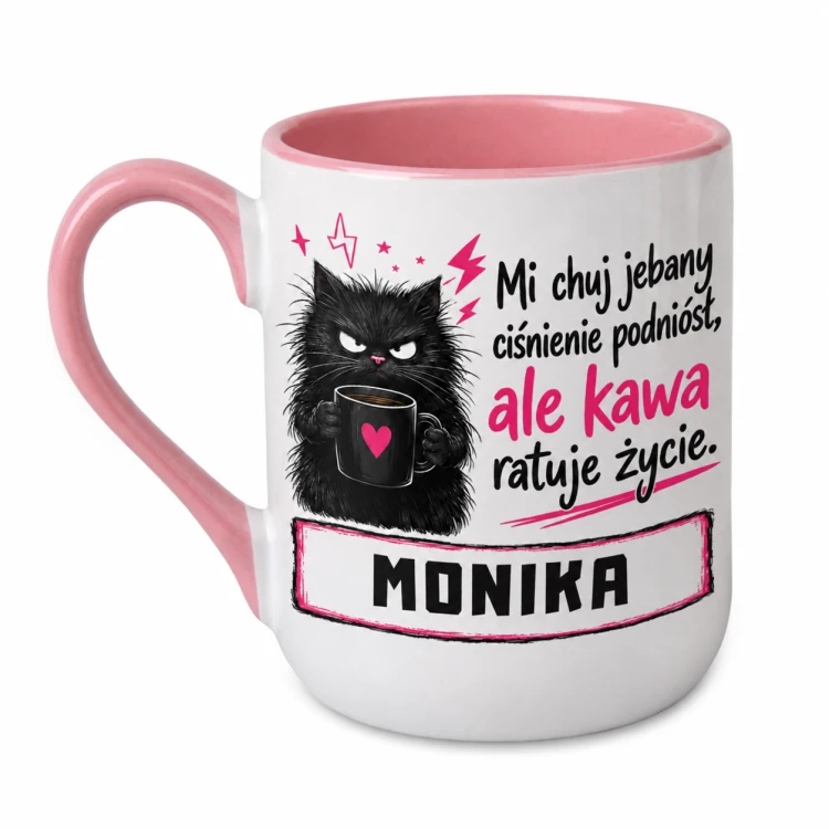Kubek z imieniem Kawa ratuje życie z czarnym kotem różowy Alex 330 ml