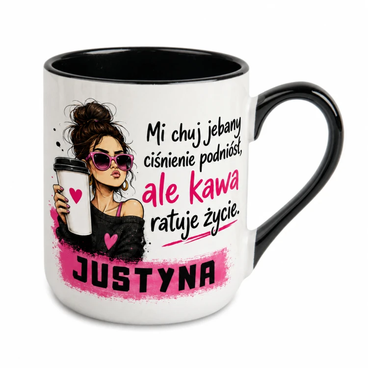 Kubek z imieniem Kawa ratuje życie z kobietą czarny Alex 330 ml