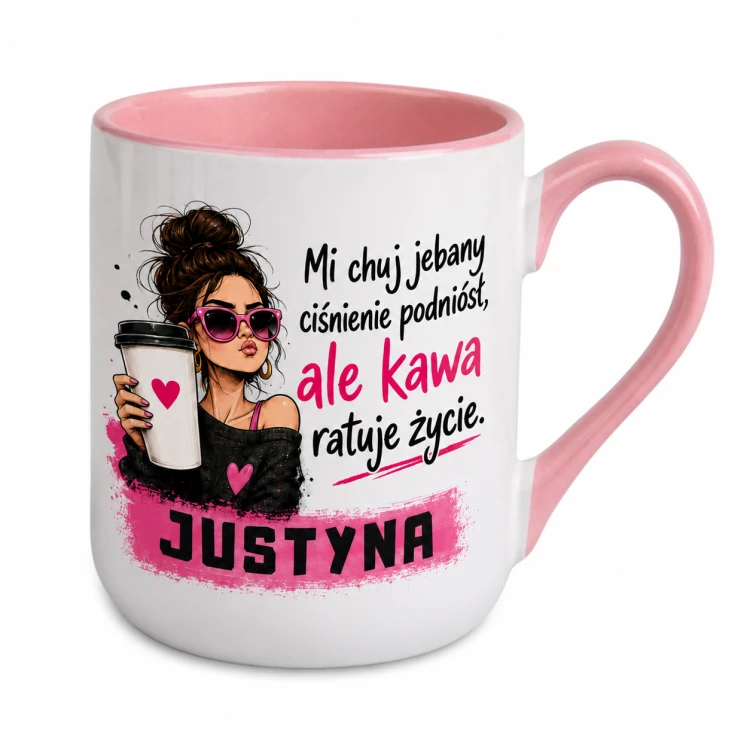 Kubek z imieniem Kawa ratuje życie z kobietą różowy Alex 330 ml