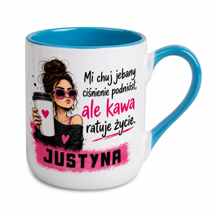 Kubek z imieniem Kawa ratuje życie z kobietą jasnoniebieski Alex 330 ml