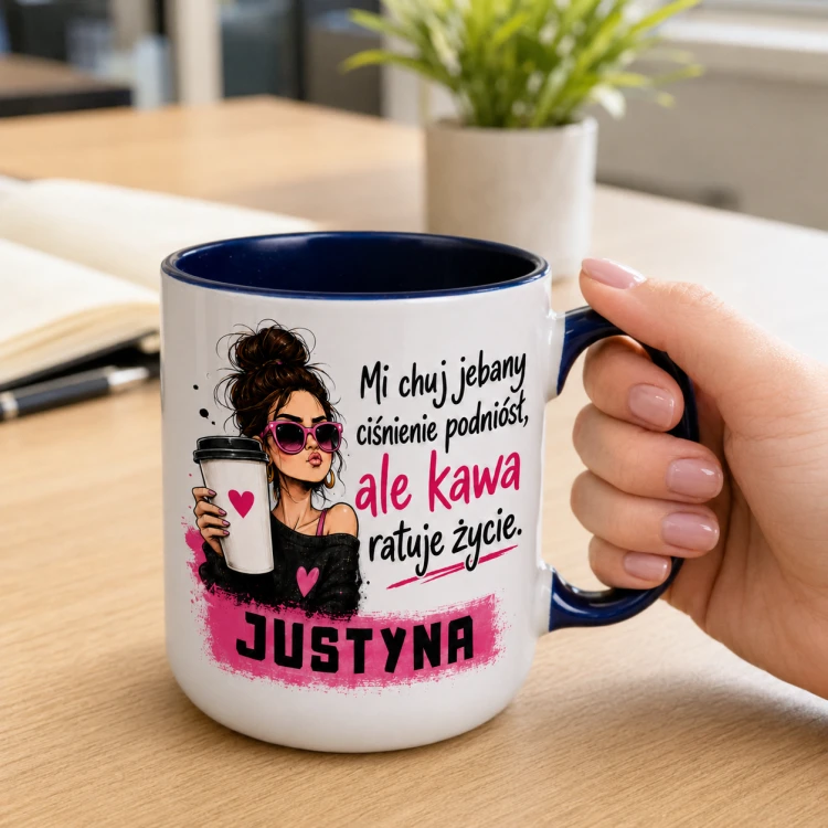 Personalizowany kubek z kobietą pijącą kawę i dowolnym imieniem na prezent