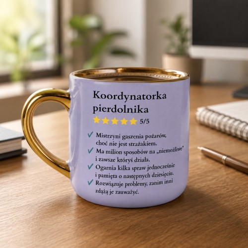 Kubek dla koordynatorki z zabawnym tekstem i złotym uchem