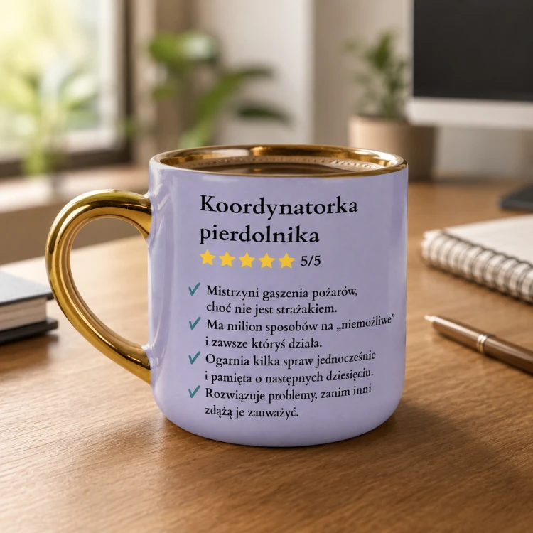 Kubek dla koordynatorki z zabawnym tekstem i złotym uchem