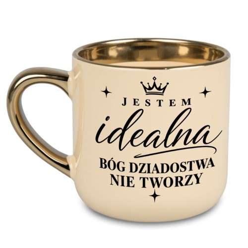 Kremowy szeroki kubek Elegant 400 ml z napisem Jestem idealna Bóg dziadostwa nie tworzy