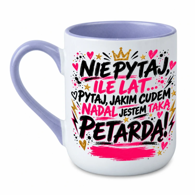 Personalizowany kubek jasnofioletowy Nie pytaj ile lat dla kobiety