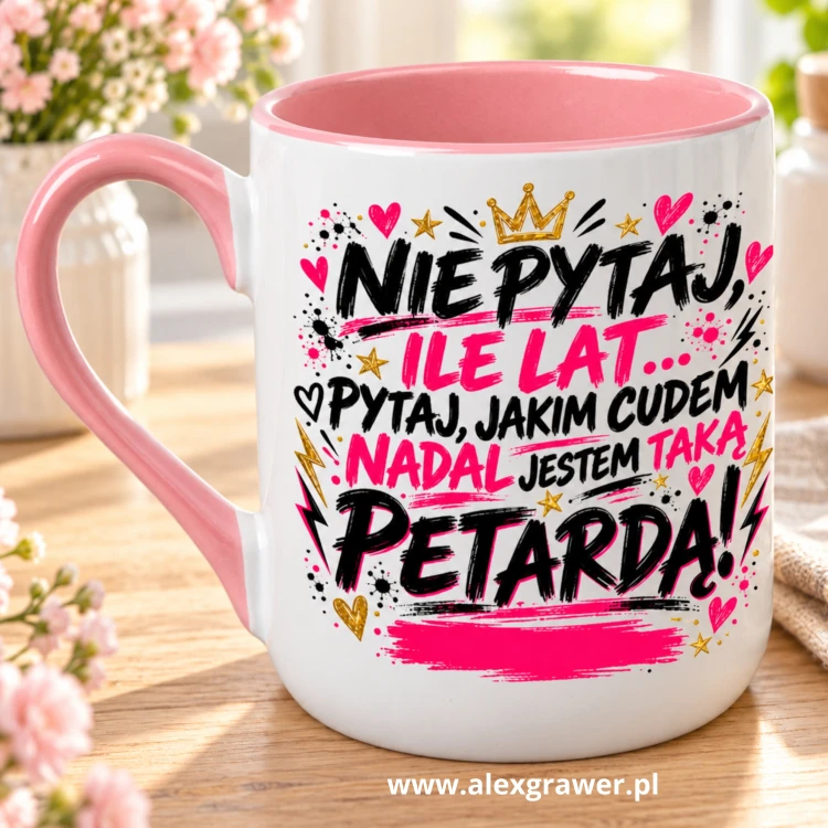 Personalizowany różowy kubek Alex Nadal jestem petardą na naturalnym tle