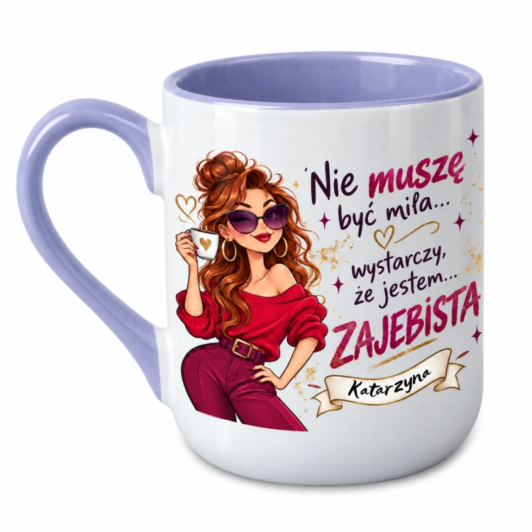 Jasnofioletowy kubek Alex 330 ml z imieniem Nie muszę być miła jestem zajebista
