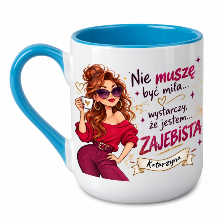 Niebieski kubek Alex 330 ml z imieniem Nie muszę być miła jestem zajebista