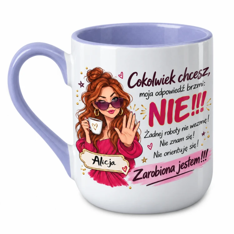 Jasnofioletowy kubek Alex 330 ml z imieniem Cokolwiek chcesz moja odpowiedź brzmi NIE