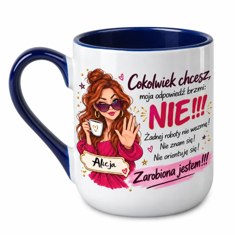 Granatowy kubek Alex 330 ml z imieniem Cokolwiek chcesz moja odpowiedź brzmi NIE